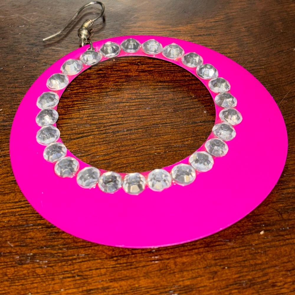 Hot Pink Rhinestone Hoop Earring
